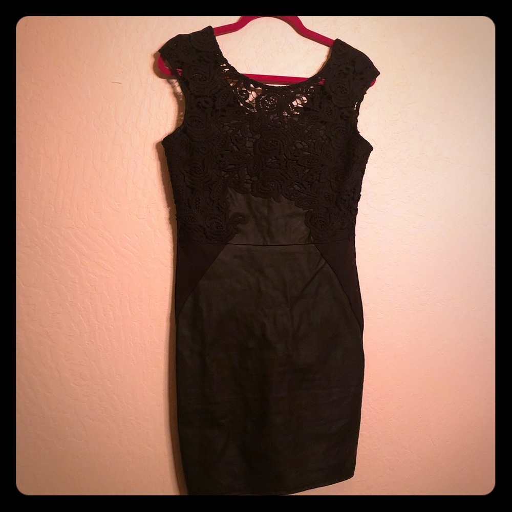 Black Lace and Faux Leather Cocktail Dress